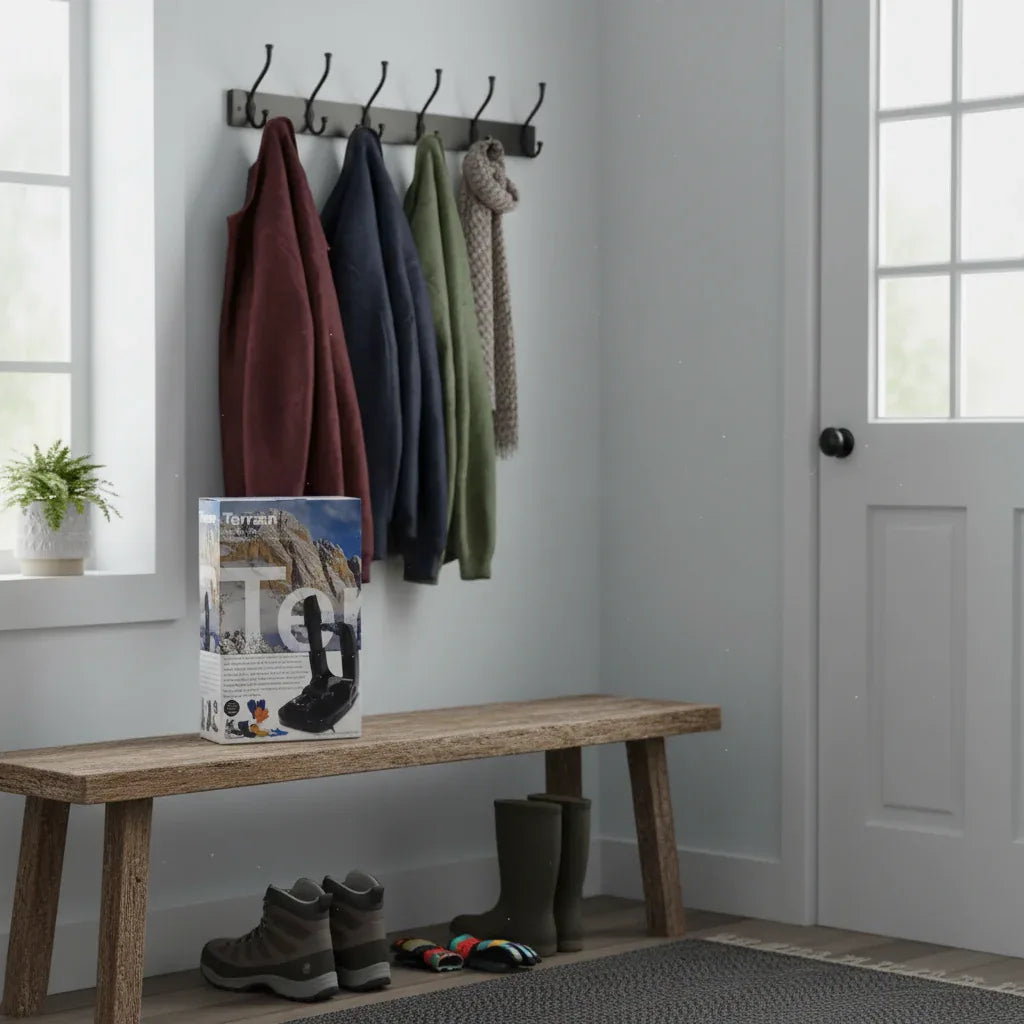 Terraen Nordic-Dry boot dryer displayed in mudroom entryway with coat hooks, bench, and winter gear in organized home setting.