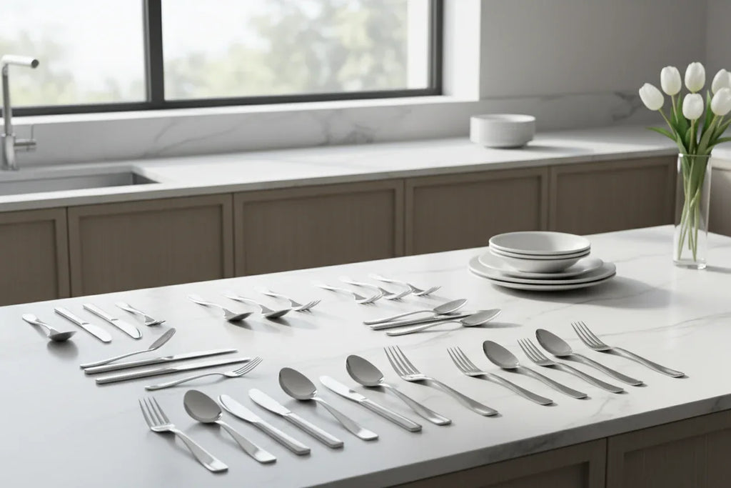 Clean minimal kitchen interior display of polished stainless steel flatware on white marble surface