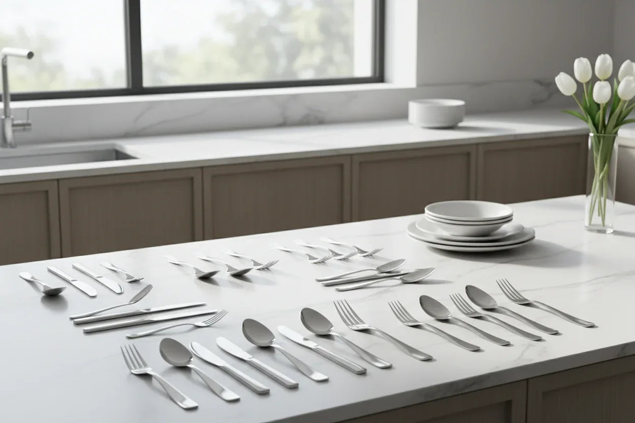 Clean minimal kitchen interior display of polished stainless steel flatware on white marble surface