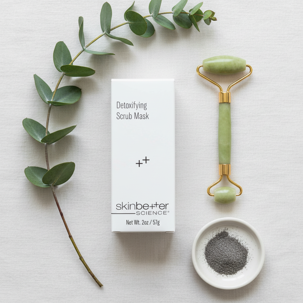 skinbetter science Detoxifying Scrub Mask white box flat lay on white linen with jade roller, ceramic dish and eucalyptus