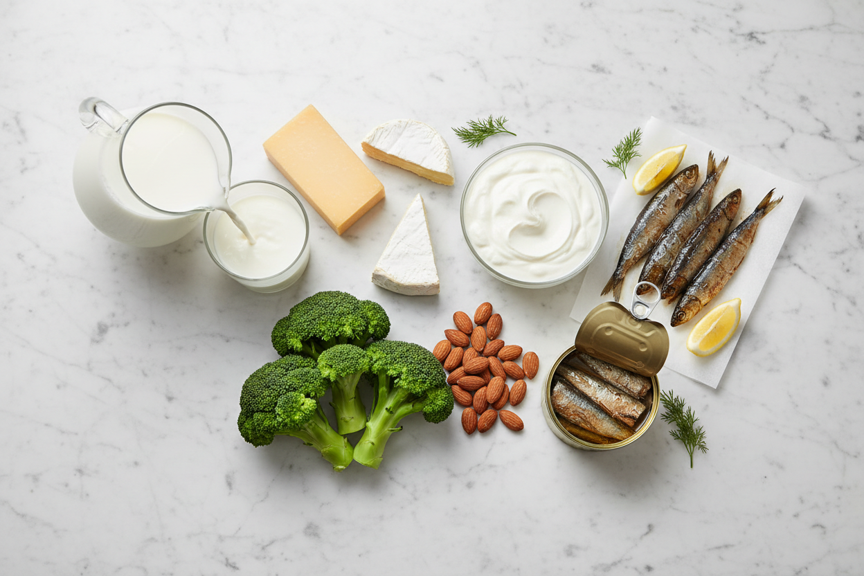 Calcium-rich whole foods including dairy broccoli almonds and sardines - natural bone health ingredients