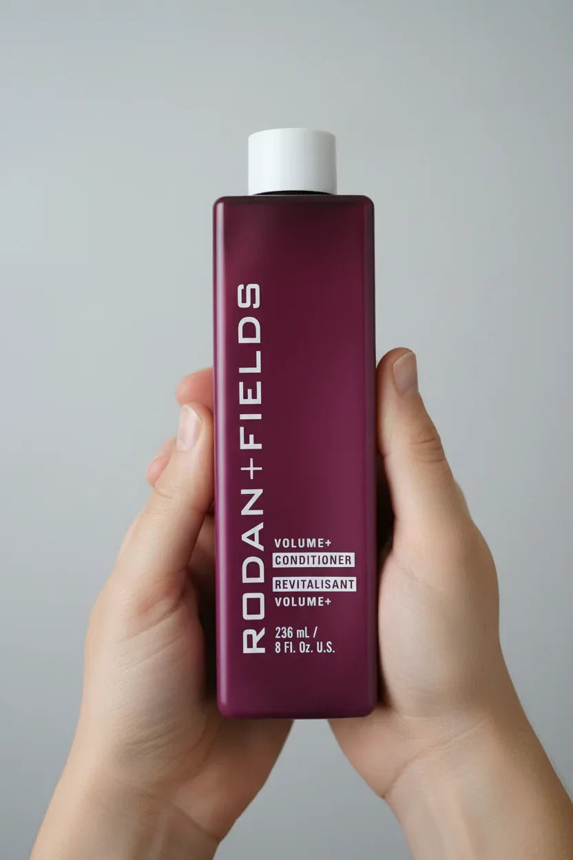 In-hand close-up of Rodan + Fields Volume+ Conditioner plum bottle showing label detail