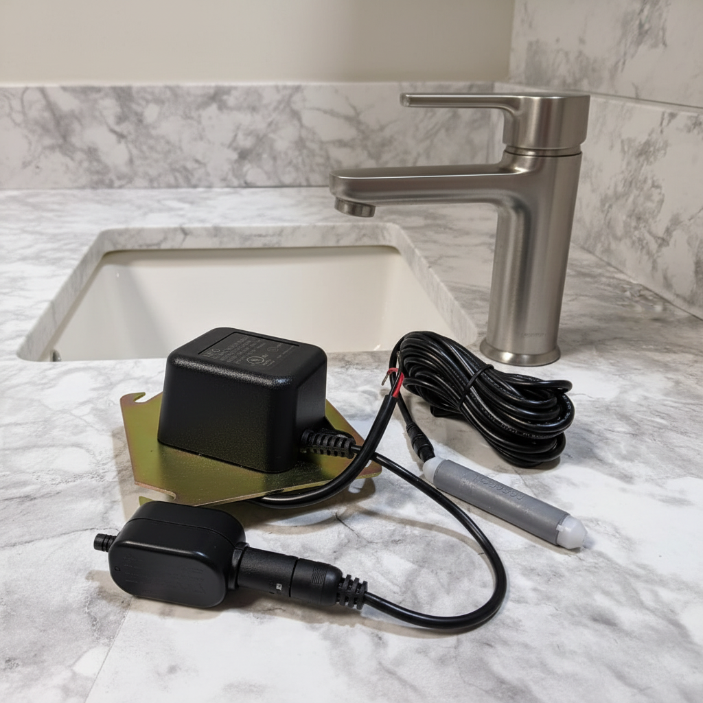 American Standard PK00.HAC hard-wired AC power kit shown beside a commercial sensor faucet service setting