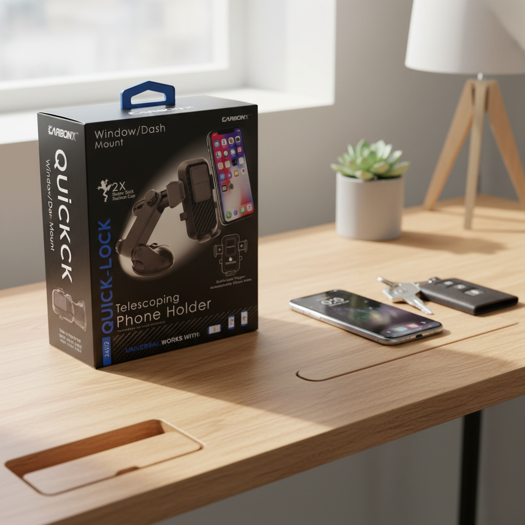 CARBONX Quick-Lock Telescoping Phone Holder retail box on minimalist wooden tech-organizer desk next to modern smartphone and car keys