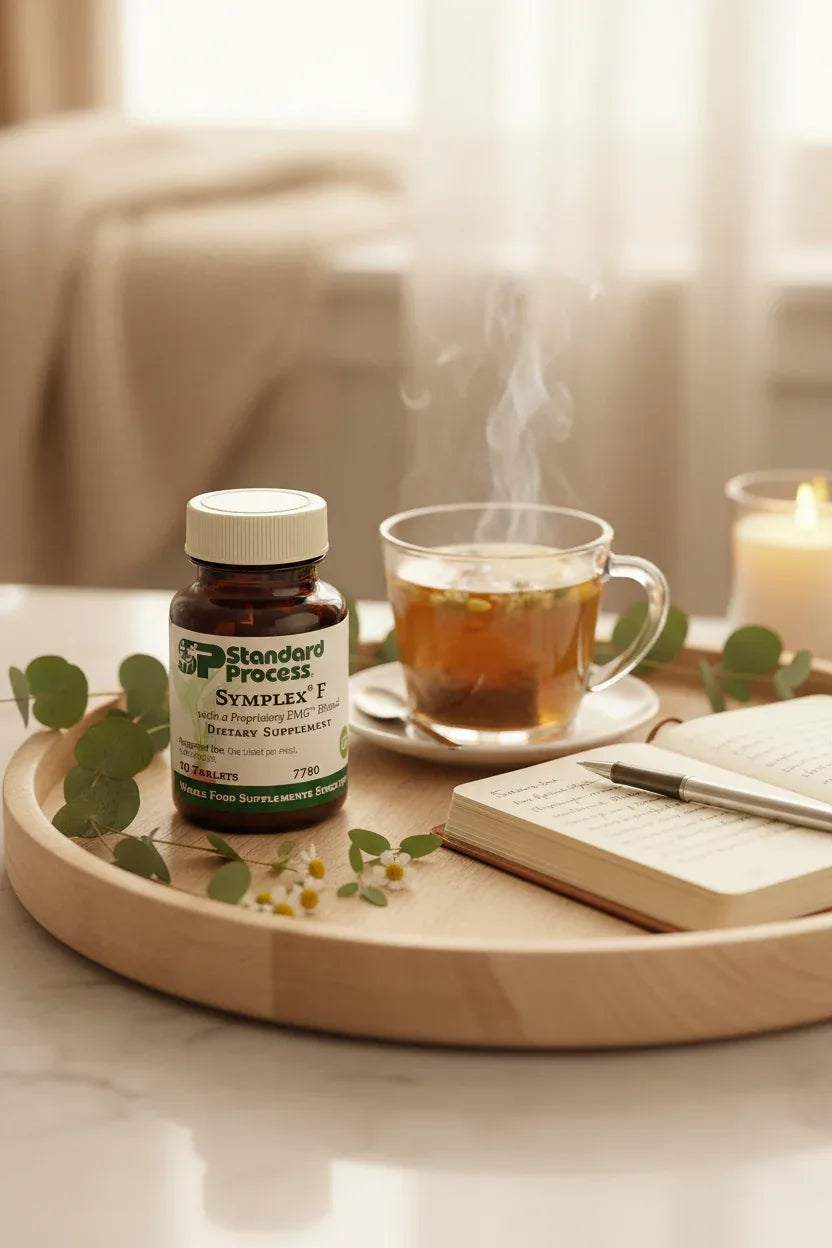 Standard Process Symplex F supplement bottle on wooden wellness tray with herbal tea journal and eucalyptus sprigs
