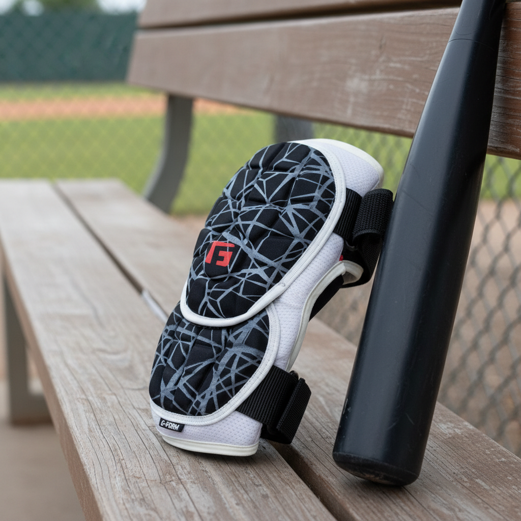 AI-generated contextual image of a G-Form Elite 2 baseball batter's elbow guard resting on a dugout bench
