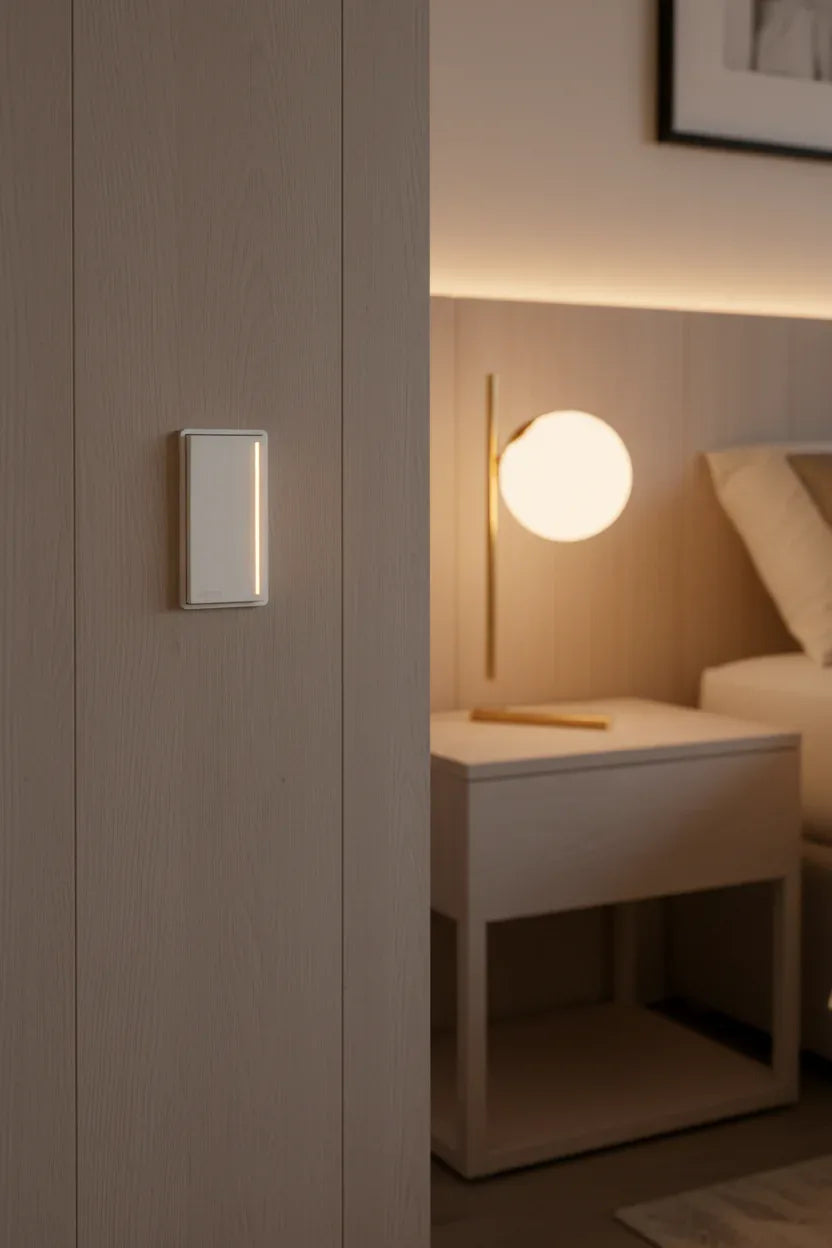 Lutron Sunnata white dimmer switch on contemporary white oak bedroom wall next to designer nightstand and modern table lamp