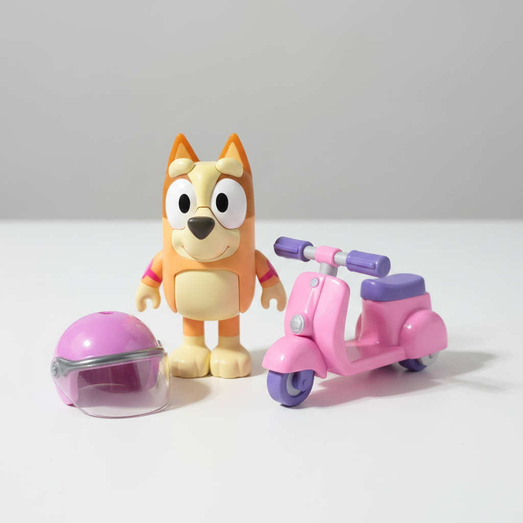 Bluey Chat Mates Bingo with Scooter talking figure close-up showing articulated arms and legs, orange/tan Bingo figure, pink scooter, and removable pink helmet accessory on bright white table