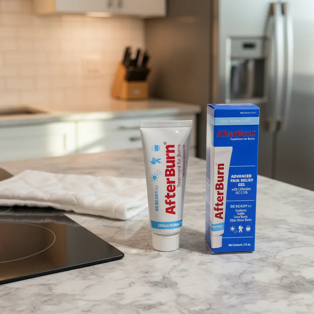 AfterBurn Lidocaine 2.5% Cooling Gel 2oz tube and box on modern granite kitchen counter with stovetop and white pot holder