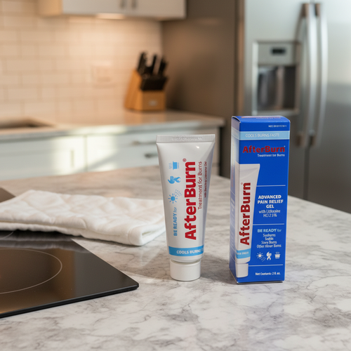AfterBurn Lidocaine 2.5% Cooling Gel 2oz tube and box on modern granite kitchen counter with stovetop and white pot holder
