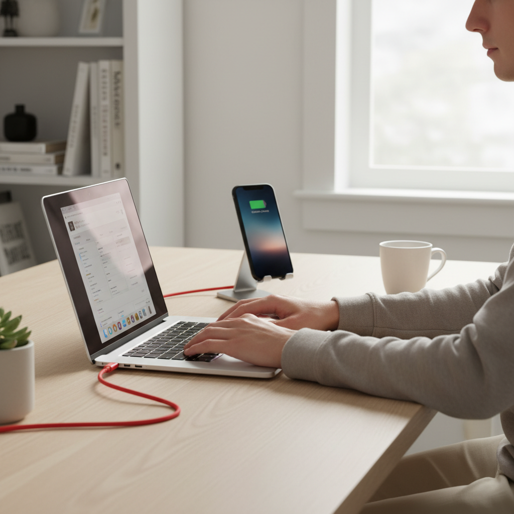 Person working at desk with iPhone charging via long flat braided red USB-C cable connected to laptop, home office