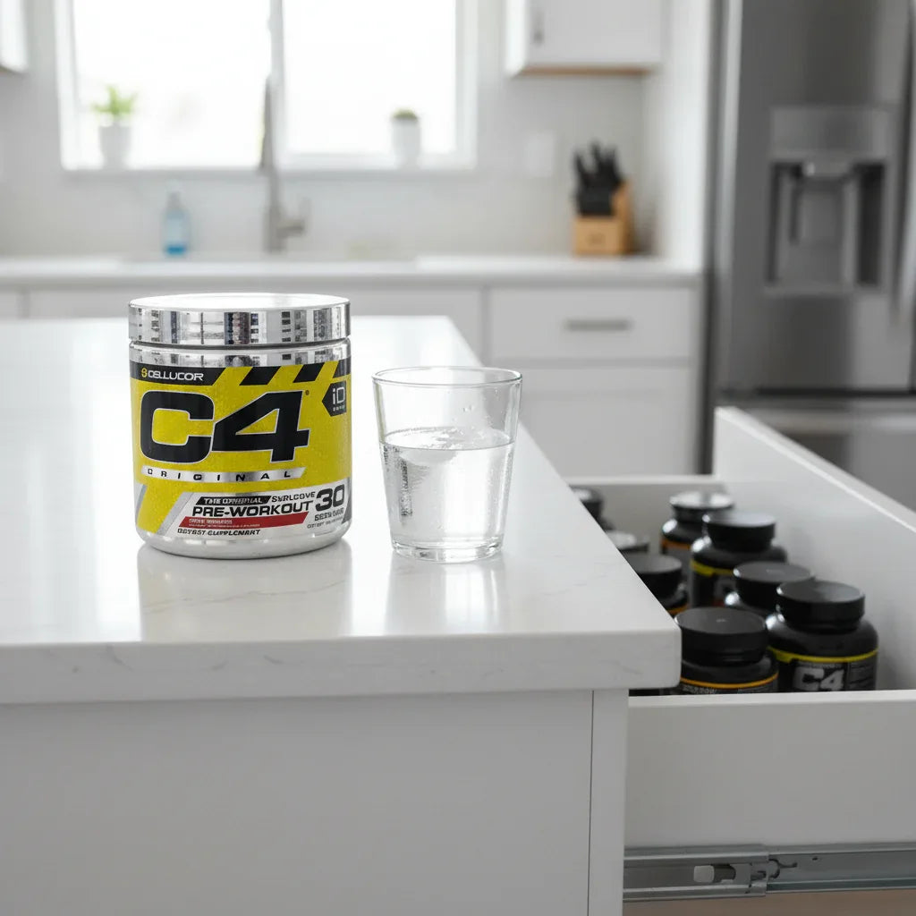 Cellucor C4 Original Pre-Workout on white quartz kitchen counter with supplement drawer and water glass for morning workout prep