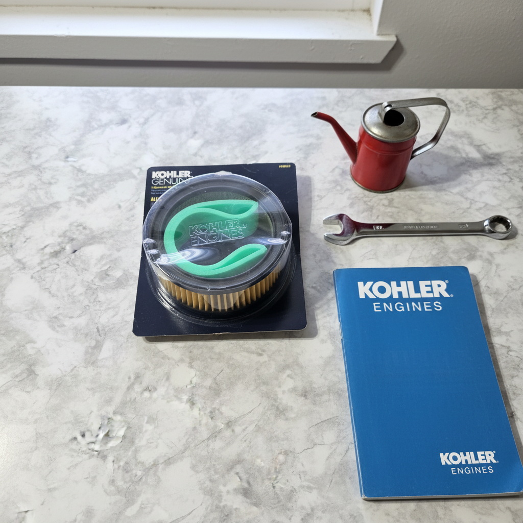 Flat lay of Kohler Genuine Parts Air Filter kit with wrench oil can and engine manual on garage workbench