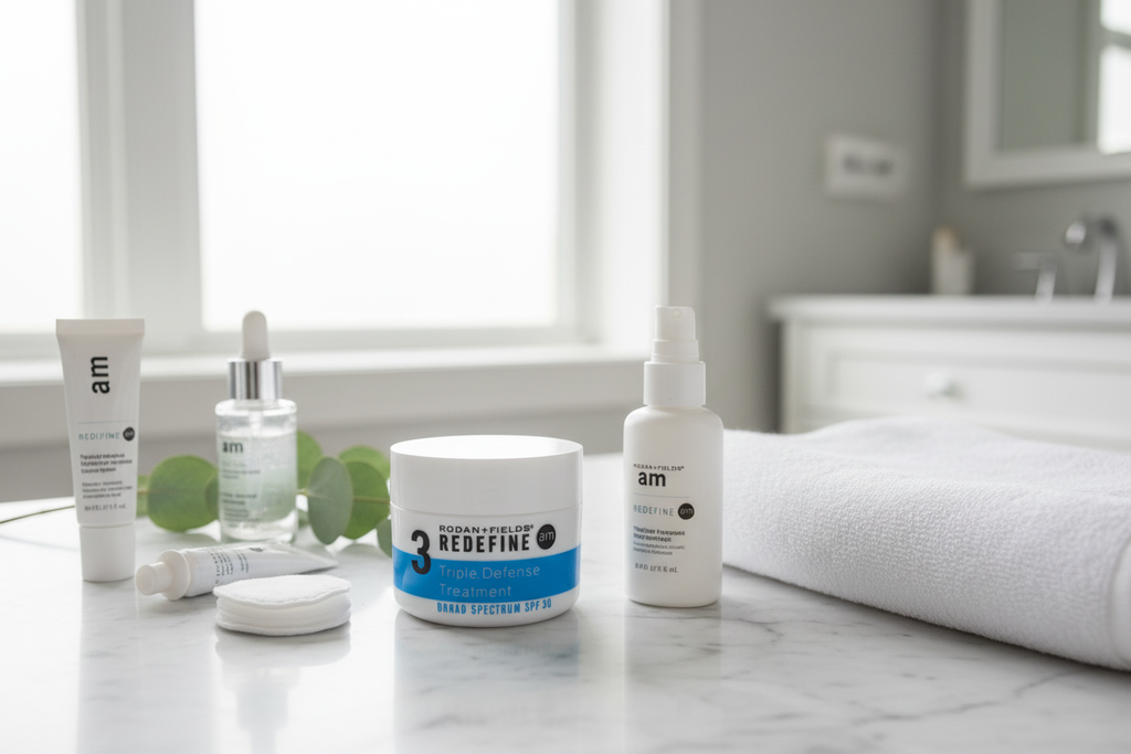 Rodan + Fields REDEFINE Triple Defense Treatment SPF 30 AM jar on marble vanity with sunscreen bottle white towel morning skincare routine – More4less Outlet