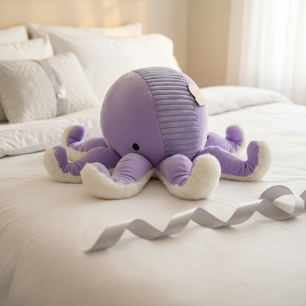 Animal Adventure Purple Octopus Plush displayed as gift on white bedding with ribbon - More4less Outlet