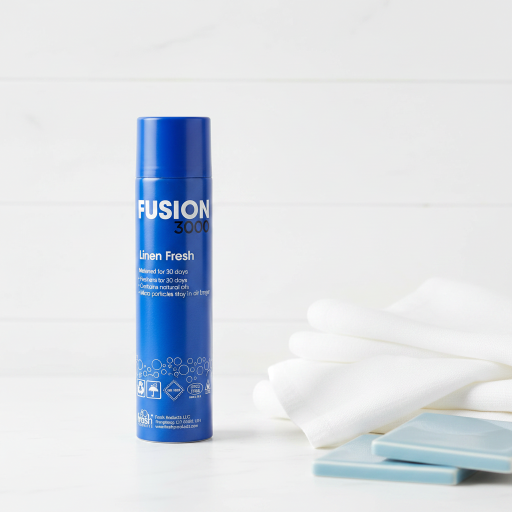 Fusion 3000 Linen Fresh aerosol can on white surface with folded linen fabric and blue accent tiles – More4less Outlet