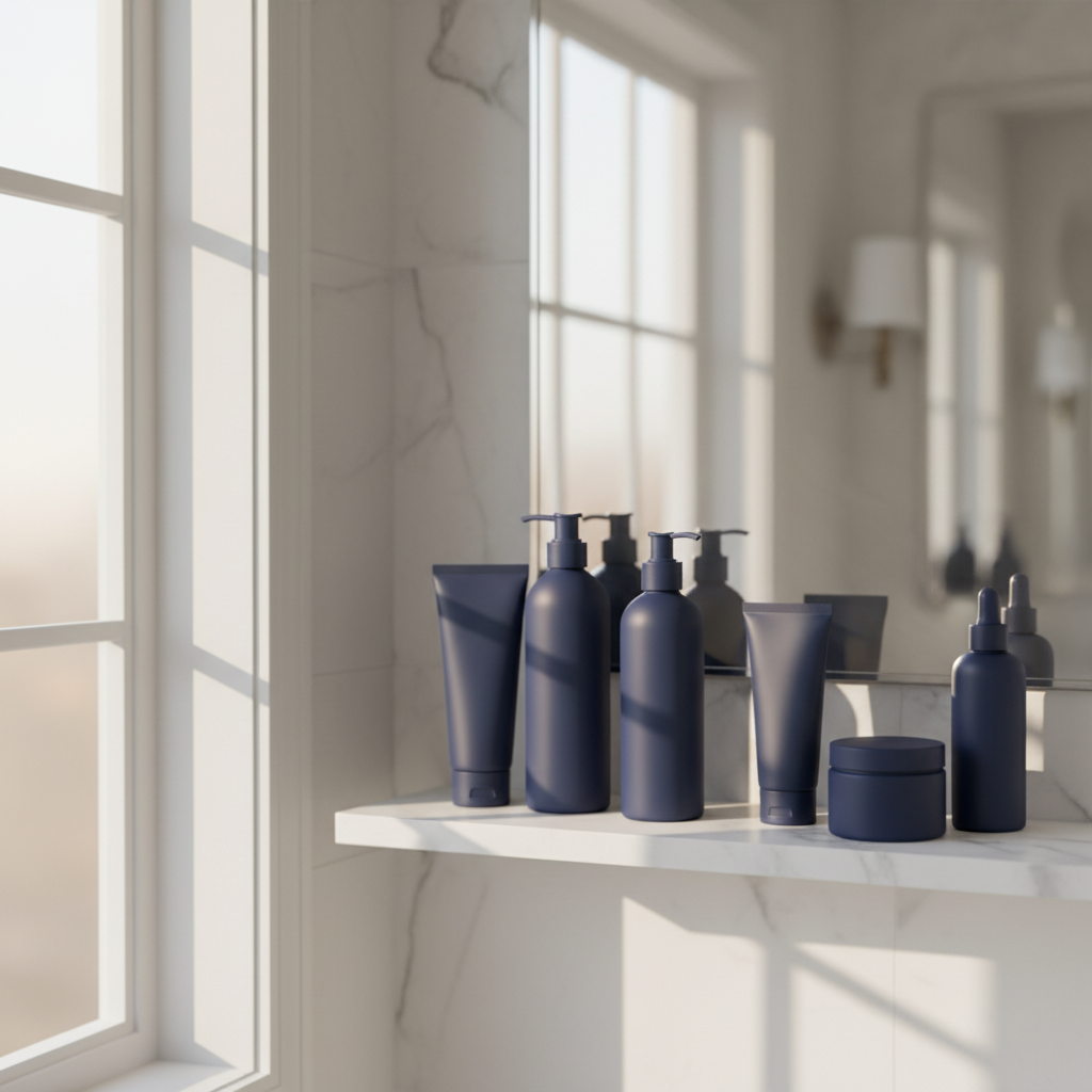 Soft morning light illuminating men's skincare bottles on a clean marble master bathroom shelf