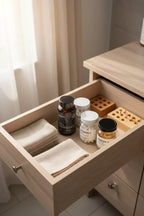 Bioma Probiotics organized wellness cabinet drawer with supplement jars and wooden tracker