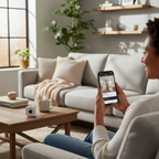 Person checking live Blink Mini 2 security camera footage on smartphone app while relaxing on couch at home