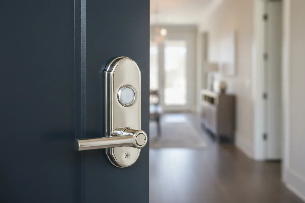 Baldwin Arch Doorbell Button Polished Chrome mounted on navy-blue exterior door with chrome entry handle set