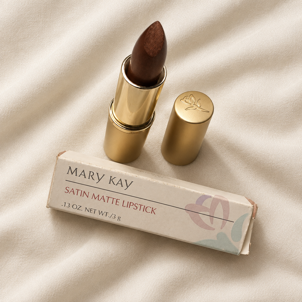 Mary Kay Bistro Bronze 4199 lipstick, gold cap and retail box on cream fabric