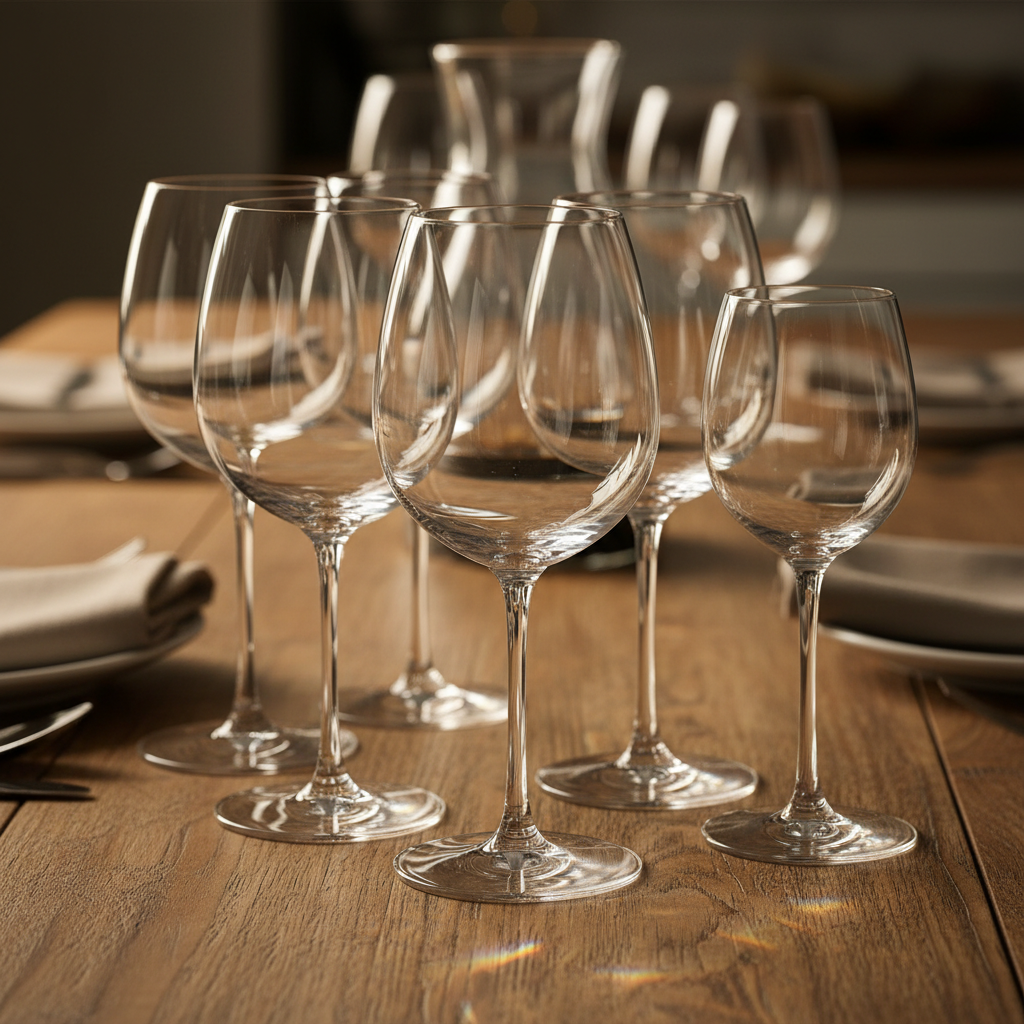 Close-up of clear German crystal wine glasses reflecting warm ambient lighting on a wooden dining table