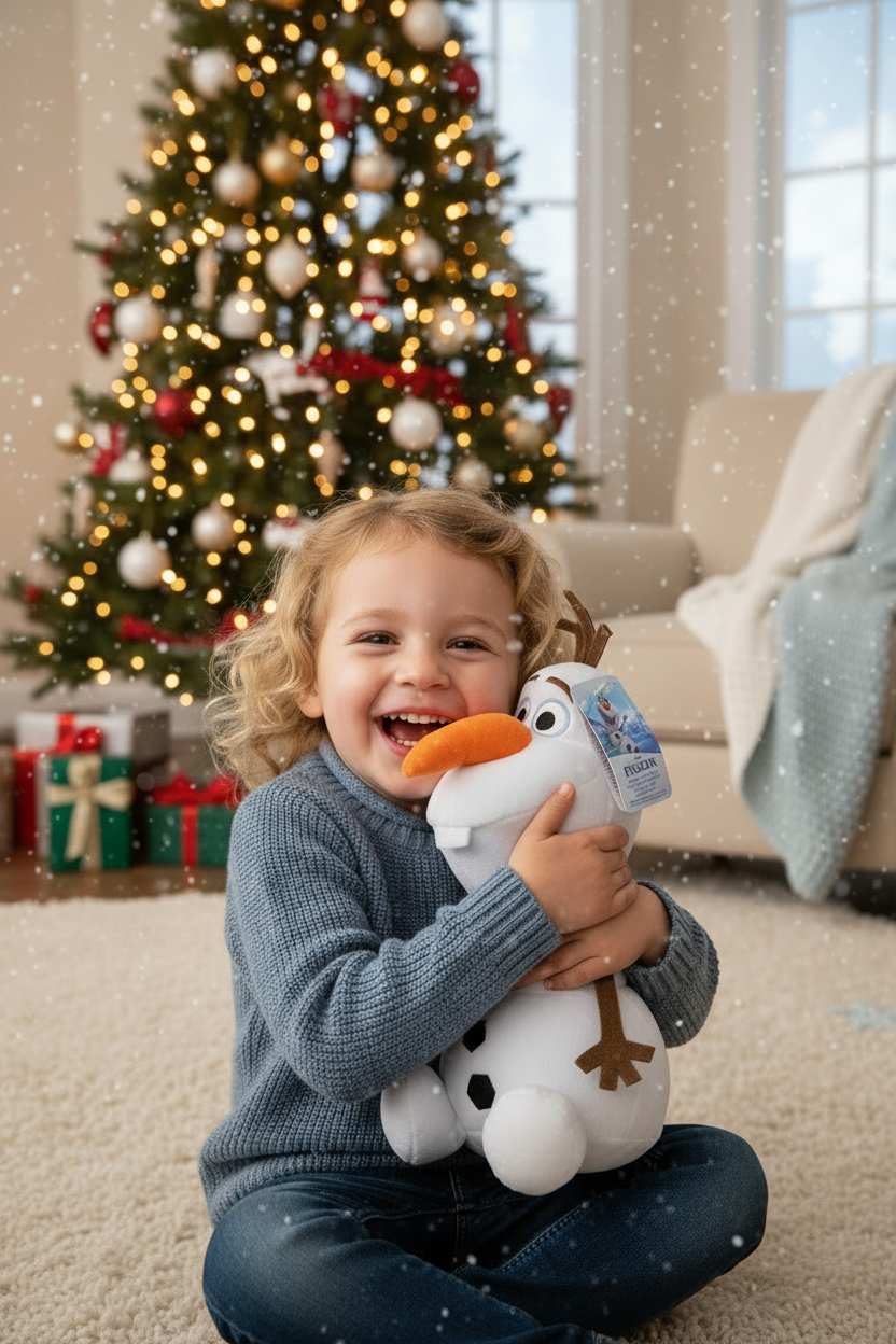 Child hugging Disney Frozen Olaf interactive plush by fireplace with Christmas tree in background
