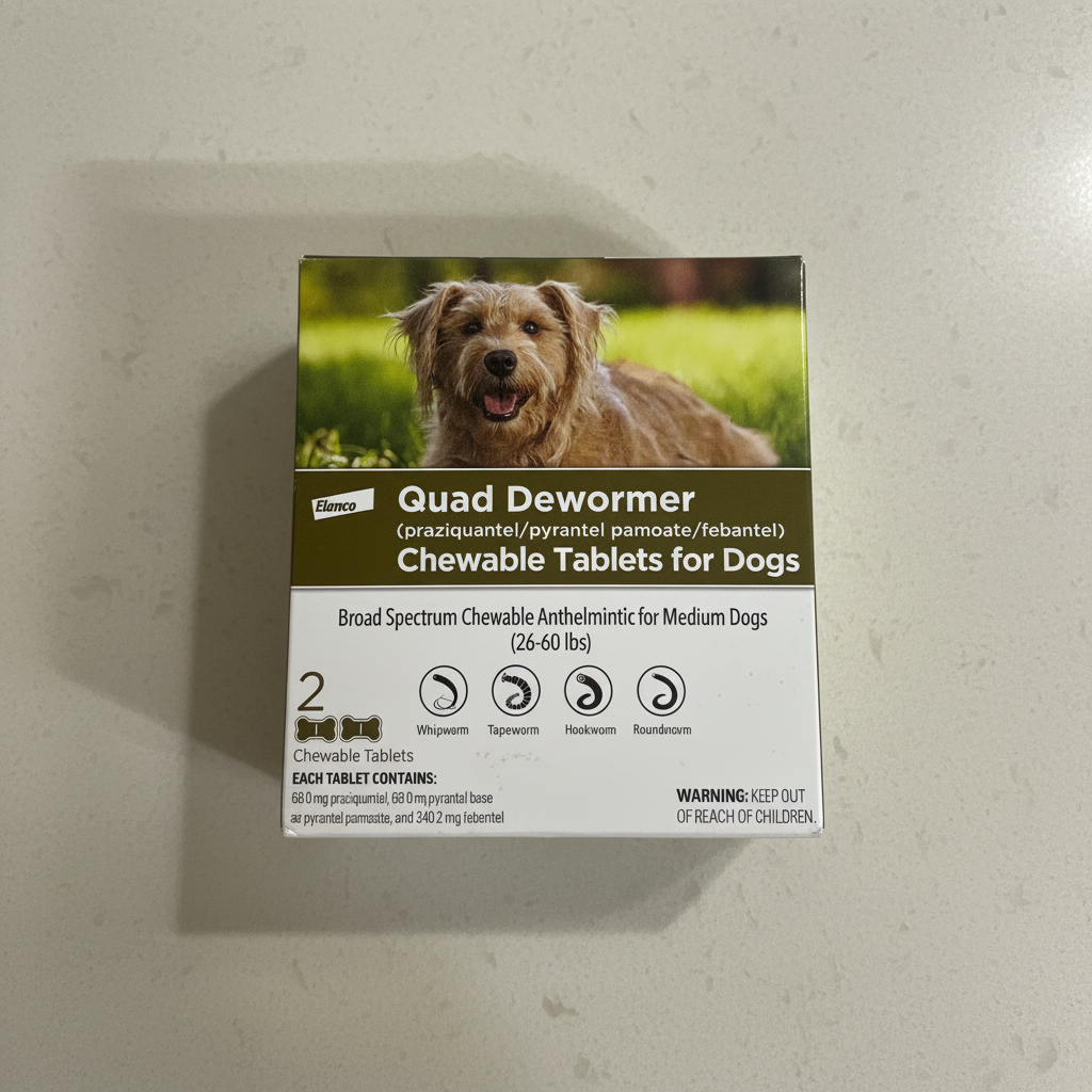 Elanco Quad Dewormer box for medium dogs 26–60 lb on a neutral countertop in soft daylight