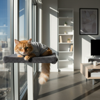 Cat in grey calming wrap lounging on window sill in sunlit modern apartment