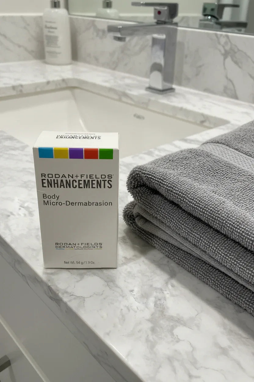 Rodan + Fields Body Micro-Dermabrasion on white marble bathroom vanity next to gray cotton towel