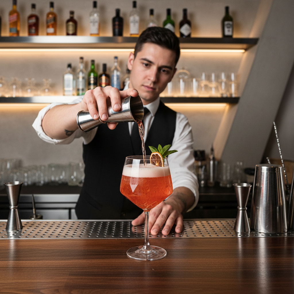 Bartender pouring a vibrant spritz cocktail into a flat-bottom crystal stemware glass at a modern bar counter