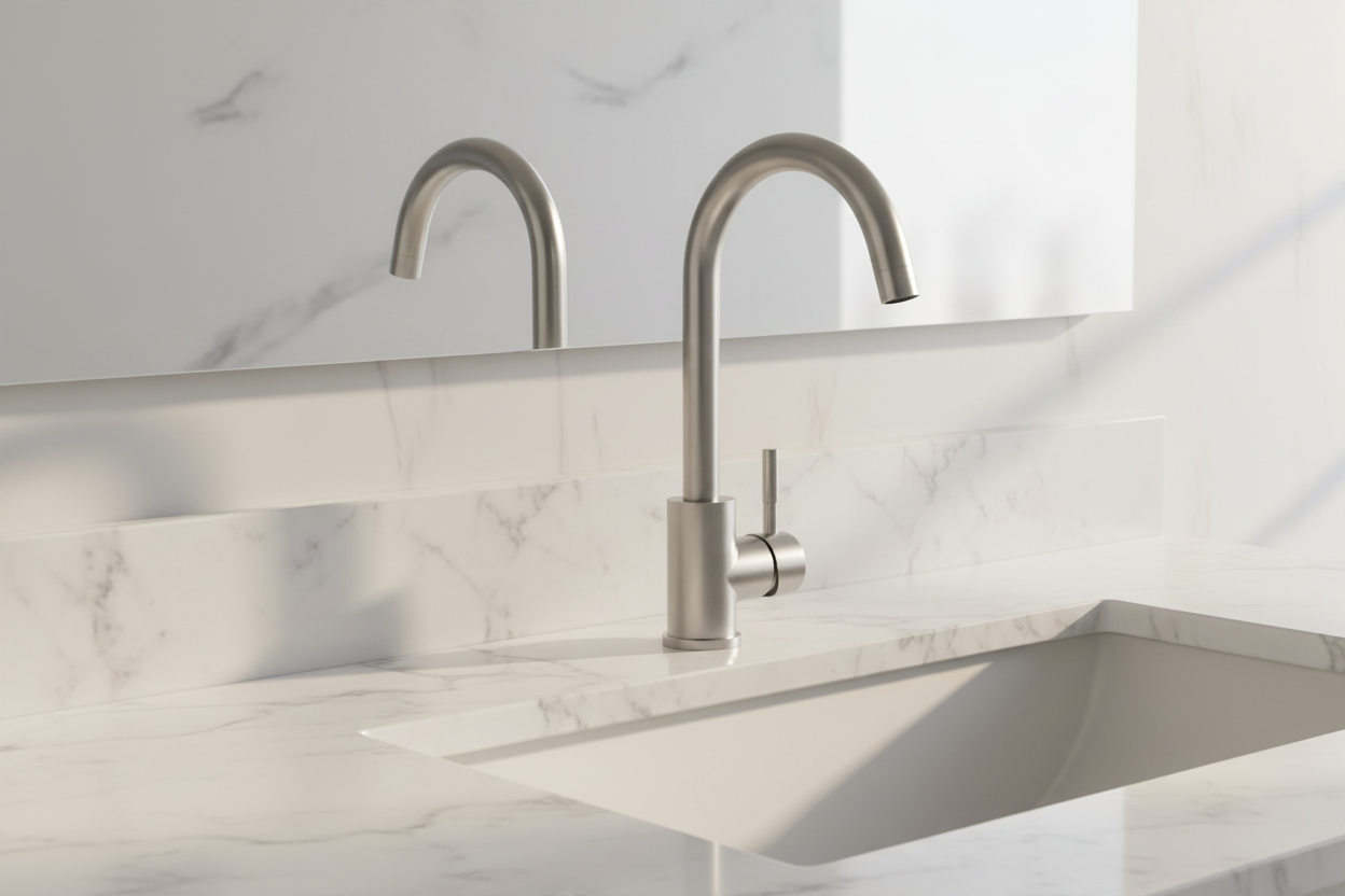 Lordear modern high arc brushed nickel bathroom faucet installed on white marble vanity in minimalist bathroom with soft morning light