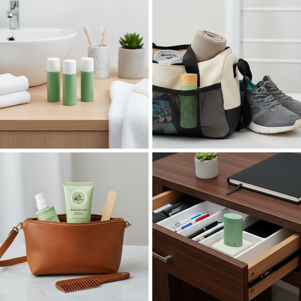 Four deodorant bottles across bathroom vanity, gym bag, travel kit, and office