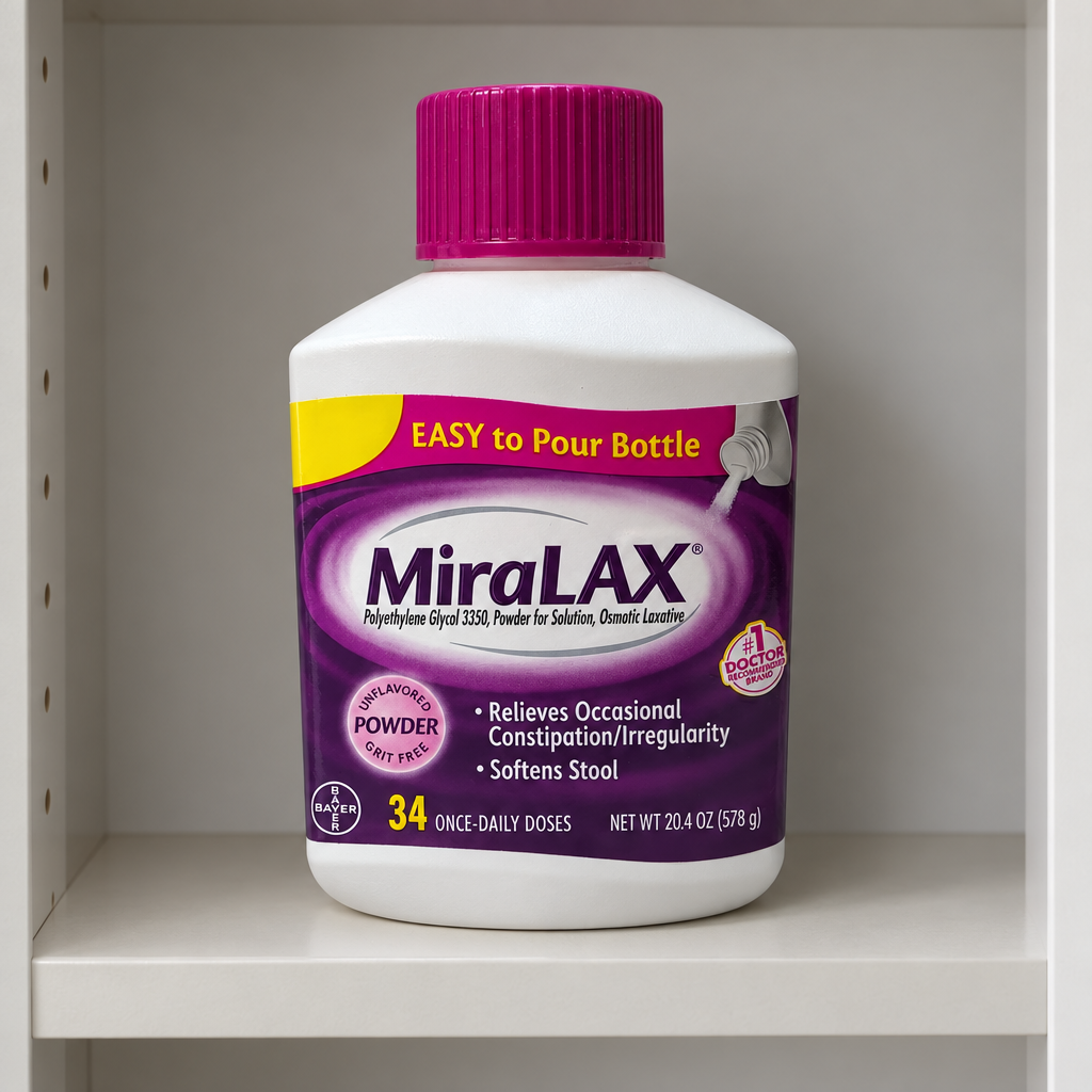 AI-generated view of MiraLAX 20.4 oz bottle on a home cabinet shelf