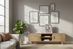 Lifestyle interior scene showing framed family portrait in metallic textured frame in contemporary living space