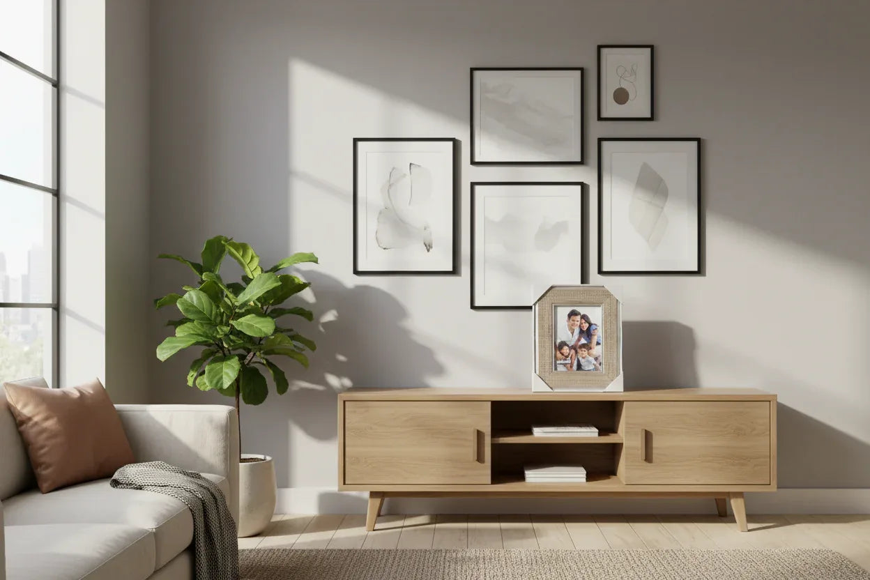 Lifestyle interior scene showing framed family portrait in metallic textured frame in contemporary living space