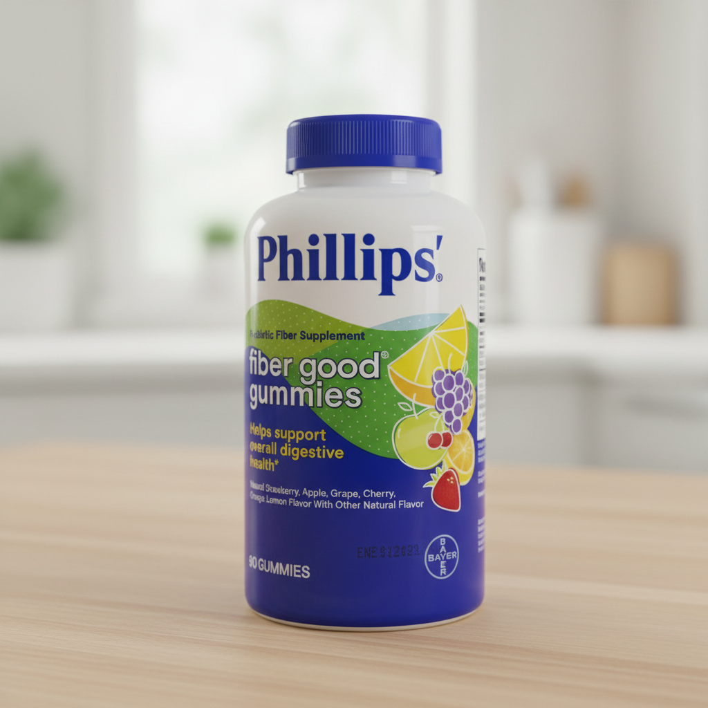 Phillips Fiber Good Gummies Prebiotic Fiber 90-count bottle on a light wood surface