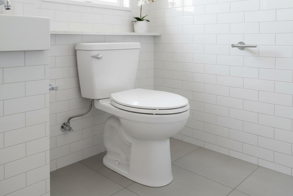 American Standard Cadet 3 white elongated toilet seat installed luxury minimalist bathroom — More4less Outlet
