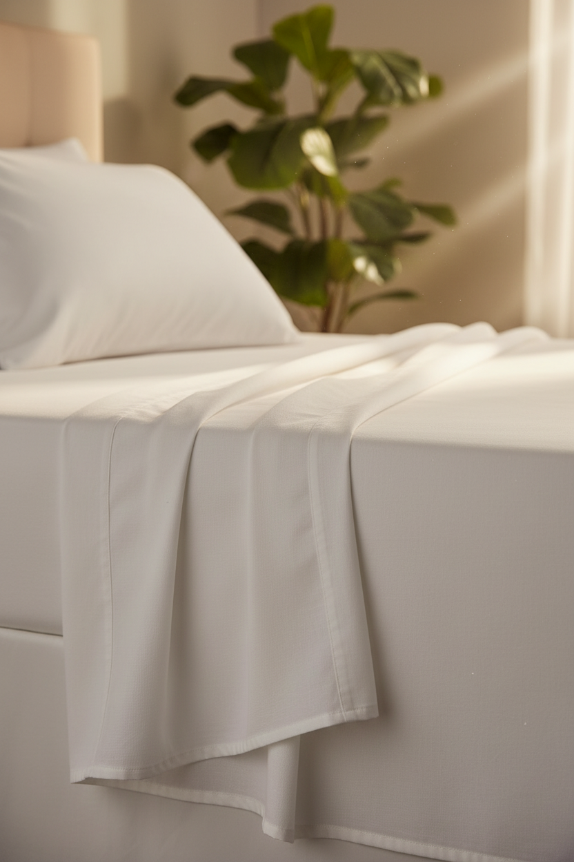Wellness Plus white queen sheet set fabric close-up with golden hour sunlight and green houseplant in background