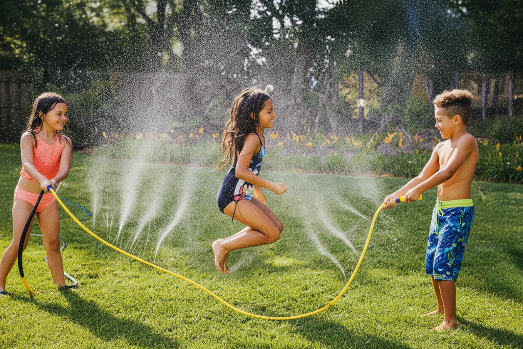Wham-O Classic Water Jump Rope kids jumping through water spray on backyard lawn