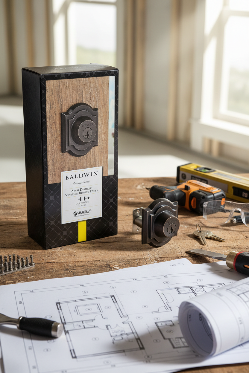 Baldwin Prestige Arch Deadbolt hardware set with renovation tools and floor plans designer grade installation context