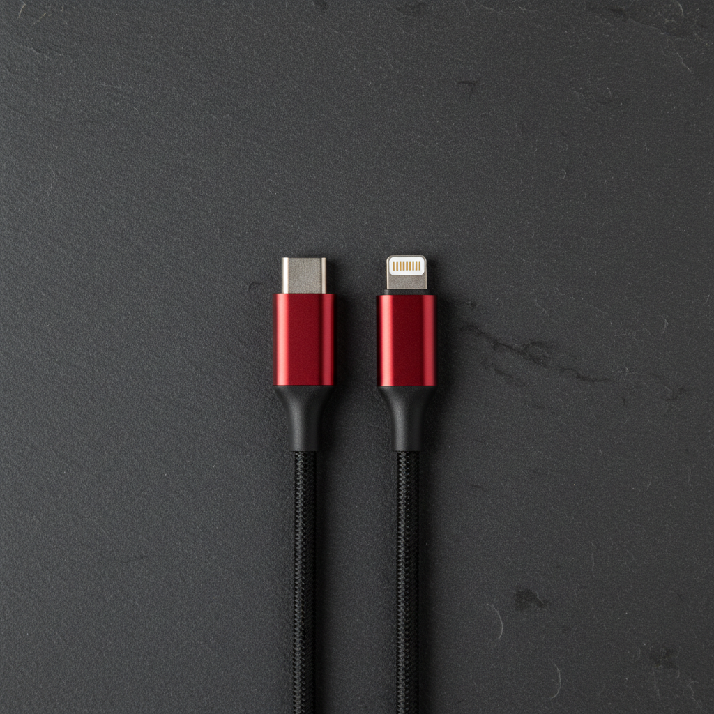 Case Logic 10ft flat braided nylon USB-C to Lightning cable with red metallic connectors flat lay on dark surface — More4less Outlet