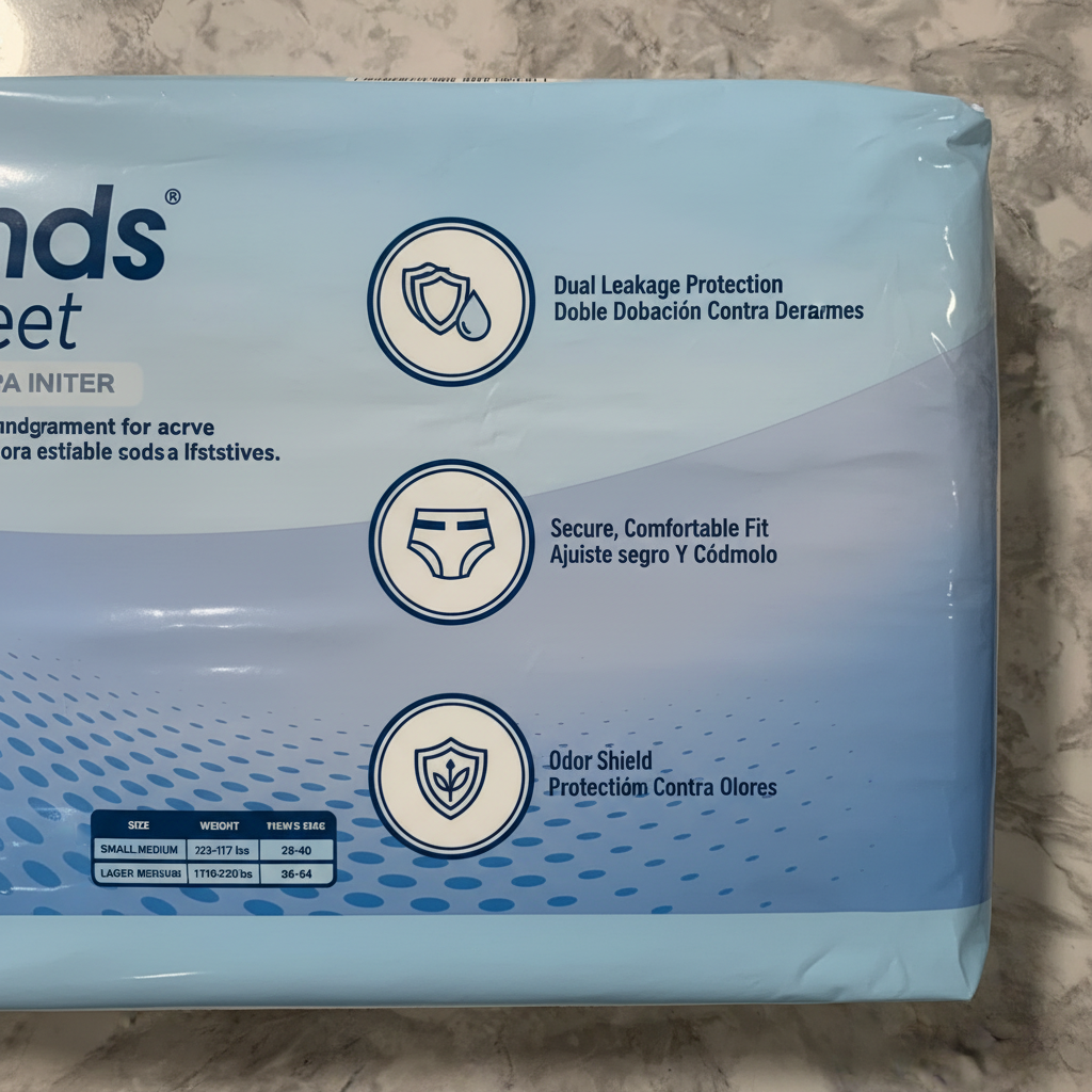 Close-up of side panel of Attends Discreet Men's Underwear packaging showing Dual Leakage Protection and Odor Shield features