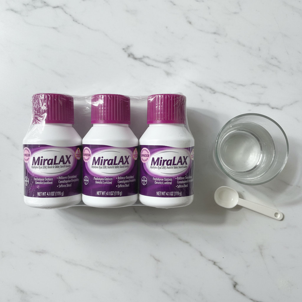 Three MiraLAX Laxative Powder bottles shrink-wrapped together flat-lay on white marble alongside a clear glass of water and a measuring spoon — clean minimal wellness product flat-lay
