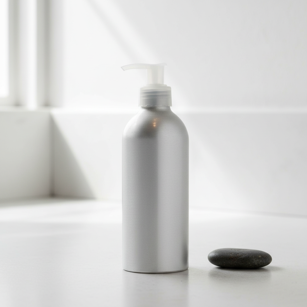 Eco-friendly silver aluminum body lotion pump bottle reflecting soft natural light in a bright minimalist spa bathroom