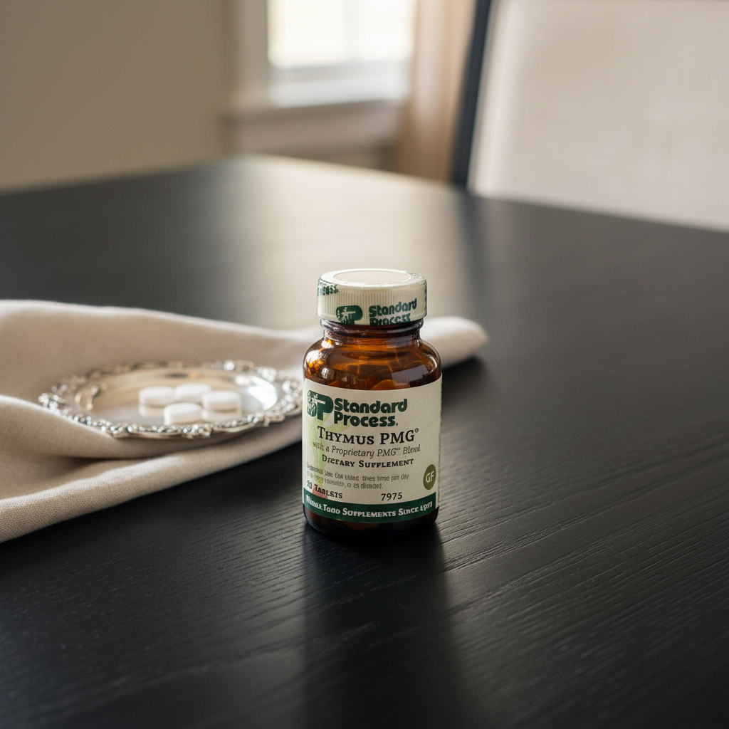 Standard Process Thymus PMG on black walnut dining table with linen napkin and silver vitamin tray showing premium daily wellness habit