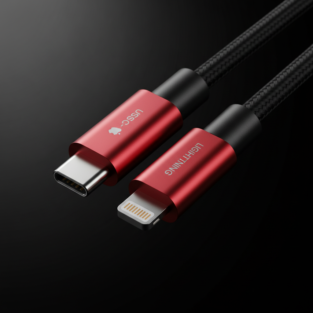 Close-up of red metallic USB-C and Lightning connector ends of Case Logic flat braided cable — More4less Outlet