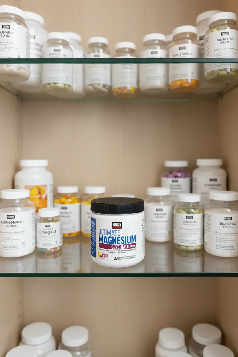Force Factor Magnesium powder jar on wellness pantry cabinet glass shelves with vitamins
