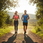 Athletic couple jogging together on a sunny morning trail, energized and healthy