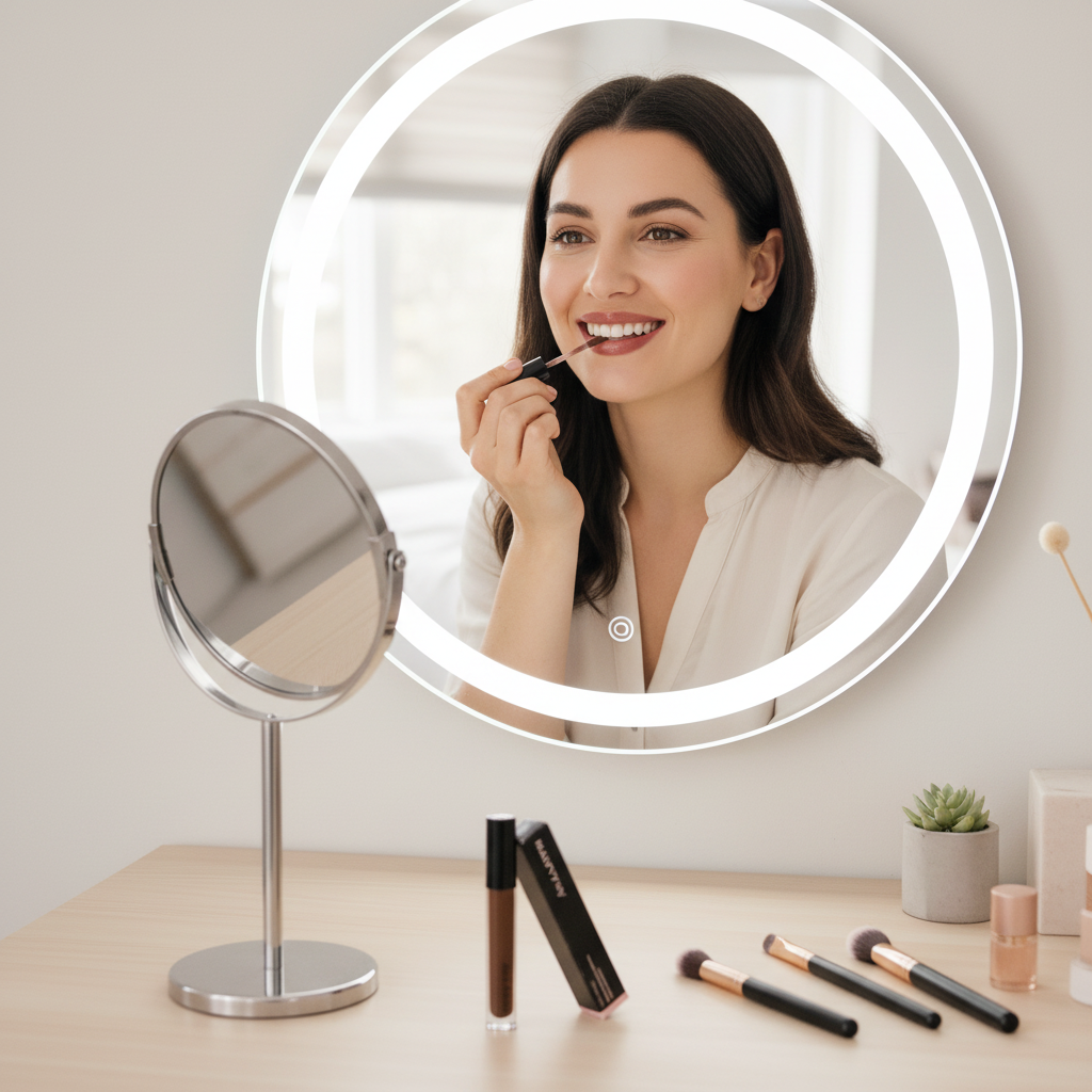 Woman applying glossy lip color with precision applicator at sunlit vanity mirror